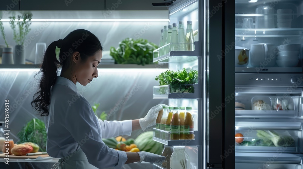 a cleaner, dressed in white attire and apron, arranging the refrigerator in a brightly lit, modern kitchen, with a focus on cleaning the door. a cleaner, dressed in white attire and apron, arranging the refrigerator in a brightly lit, modern kitchen, with a focus on cleaning the door.