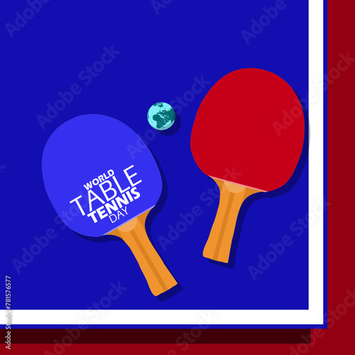 World Table Tennis Day event banner. Two table tennis bats and an earth-shaped ping pong ball in table tennis to celebrate on April 23rd