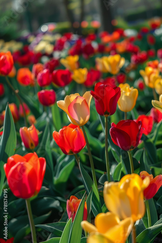 Colorful tulips in full bloom. Spring flowers in the garden. Bokeh background.