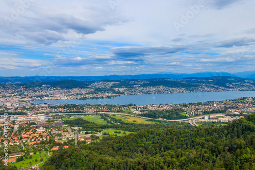 Aerial panorama of Zurich city and Lake Zurich from the Uetliberg mountain  Switzerland