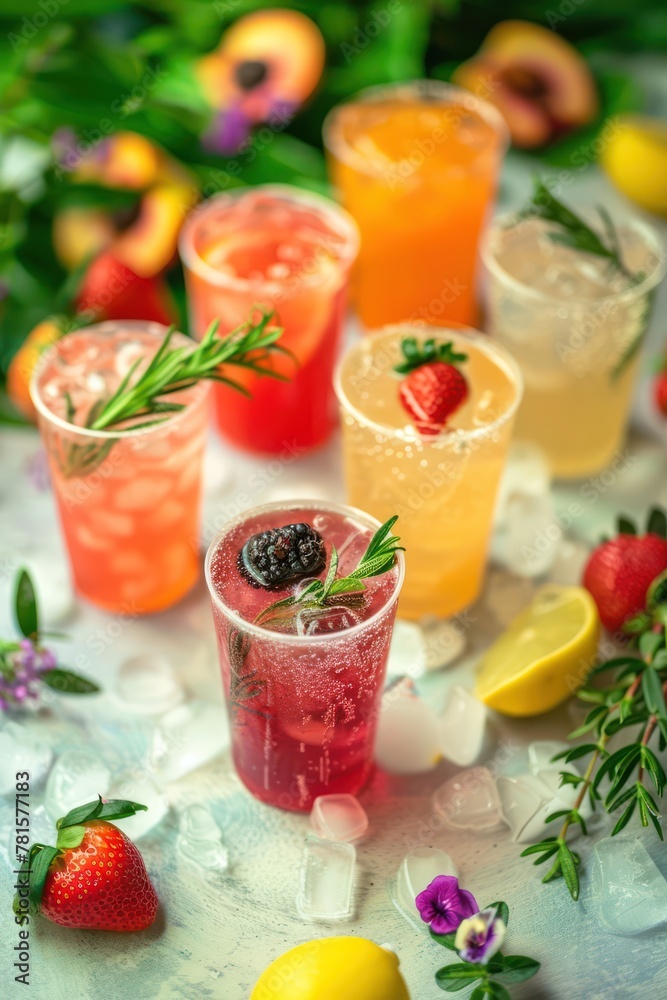 Set of cold drinks from various fruits with ice. Summer time Set of cold drinks from various fruits with ice. Summer time