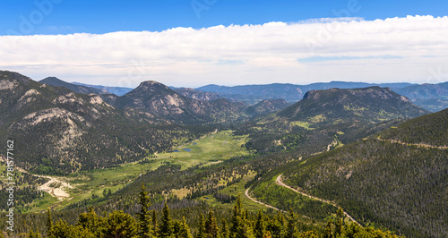 Mountain Valley Overlook - An overview of Fall River Valley and its surrounding mountains, as seen from Rainbow Curve Overlook of Trail Ridge Road, on a sunny Spring day, Rocky Mountain National Park.