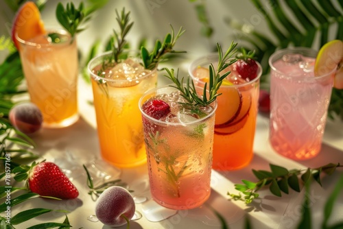 Set of cold drinks from various fruits with ice. Summer time