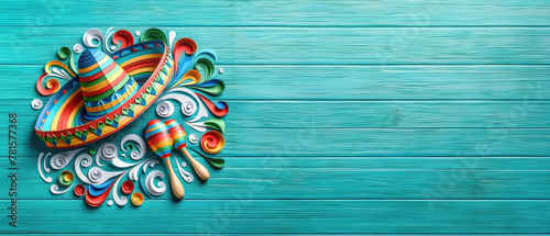 Vibrant Paper Quilling Art of Mexican Sombrero and Maracas on Teal Wooden Texture: Perfect Banner for Cinco de Mayo Website
