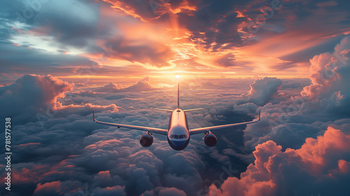 A plane is flying through a cloudy sky with a beautiful sunset in the background