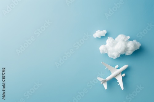 Model airplane with clouds on blue background.