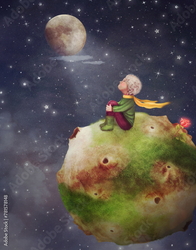 The Little Prince on his little planet  with rose in front of beautiful night sky and  moon, illustration art
