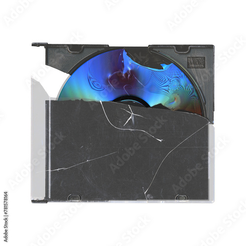 cracked isolated mockup of old music CD disc jewel case with black cover layout for photo and artworks, in transparent background, y2k style