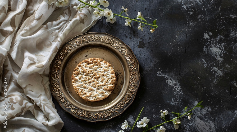 Jewish holiday Passover concept with matzah and copy space. Top view