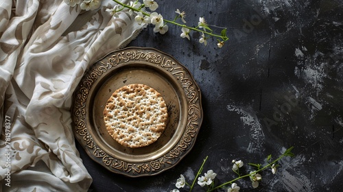 Jewish holiday Passover concept with matzah and copy space. Top view