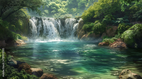 Tranquil scene of a powerful waterfall cascading into a serene turquoise pool surrounded by greenery