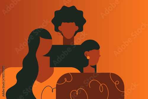 Three elegant dark-skinned women stand together. Group of african american beautiful girls. Abstract minimal female portrait. Black beauty concept. Black history month vector illustration