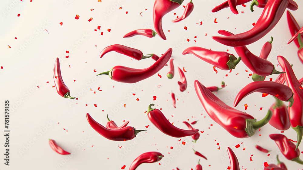 Dynamic image capturing flying red chili peppers on a white background symbolizing energy, flavor, and excitement Dynamic image capturing flying red chili peppers on a white background symbolizing energy, flavor, and excitement
