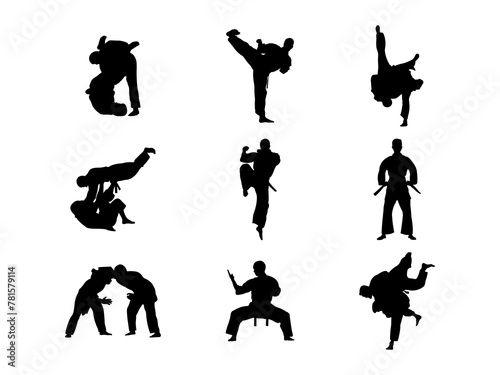 Set of Judo Silhouette in various poses isolated on white background