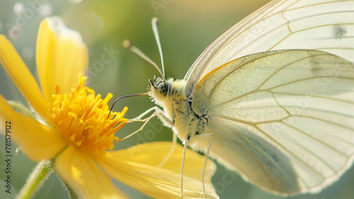 Extreme close-up of a butterfly's delicate antennae as it approaches a yellow flower, showcasing its sensory capabilities.