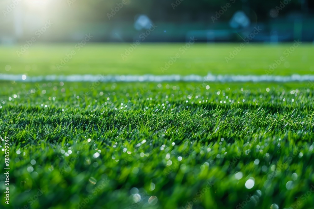 Dew-covered grass on soccer field, close-up view