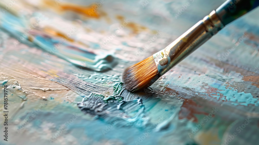 A paintbrush applying thin, delicate washes of watercolor paint onto a canvas, creating soft, ethereal effects that evoke a sense of tranquility.