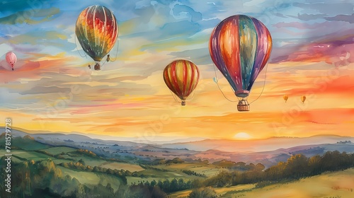 Sunrise Balloon Adventure Through Countryside./n
