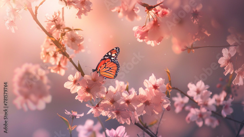 A tranquil moment captured as a delicate butterfly flutters among the delicate blossoms of a pink cherry blossom tree, its wings casting a soft shadow on the delicate petals. © CREATER CENTER