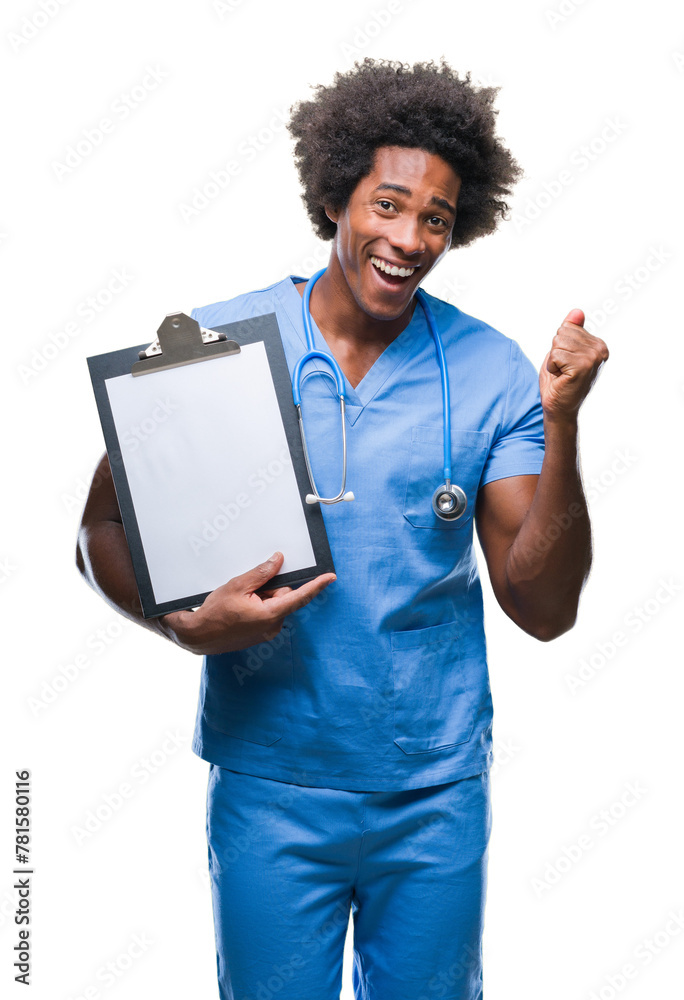 Afro american surgeon doctor holding clipboard man over isolated background screaming proud and celebrating victory and success very excited, cheering emotion Afro american surgeon doctor holding clipboard man over isolated background screaming proud and celebrating victory and success very excited, cheering emotion