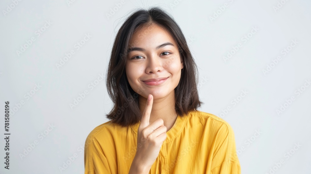 A cheerful young woman in a yellow blouse with her hand on her chin, smiling gently at the camera A cheerful young woman in a yellow blouse with her hand on her chin, smiling gently at the camera