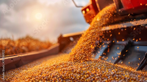The picturesque moment of corn harvest is captured with golden hues of the setting sun and agricultural machinery in action photo