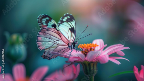Macro shot of a butterfly perched on a pink flower, its delicate wings capturing the softness and tranquility of the moment.