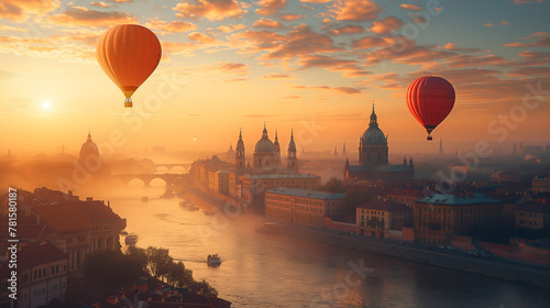Two hot air balloons are flying over a city with a river in the background