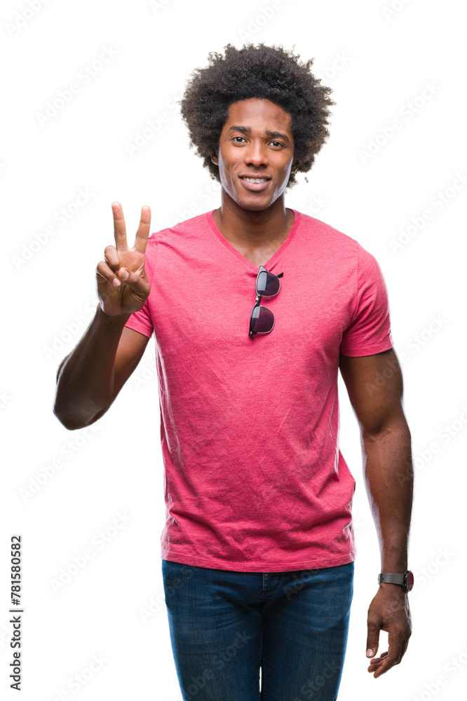Afro american man over isolated background showing and pointing up with fingers number two while smiling confident and happy. Afro american man over isolated background showing and pointing up with fingers number two while smiling confident and happy.