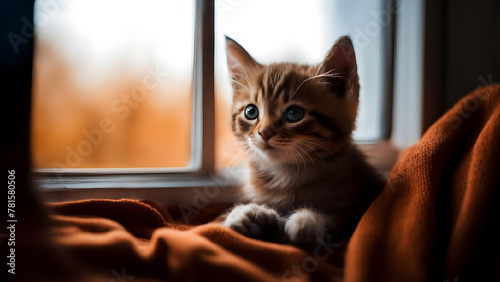 Cute little ginger kitten sitting on the windowsill and looking out the window