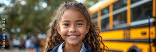 Happy schoolgirl ready for bus: smiling girl with backpack and school bus photo