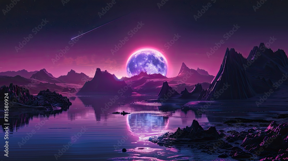 Serene Fantasy Landscape with Pink Moon Reflection