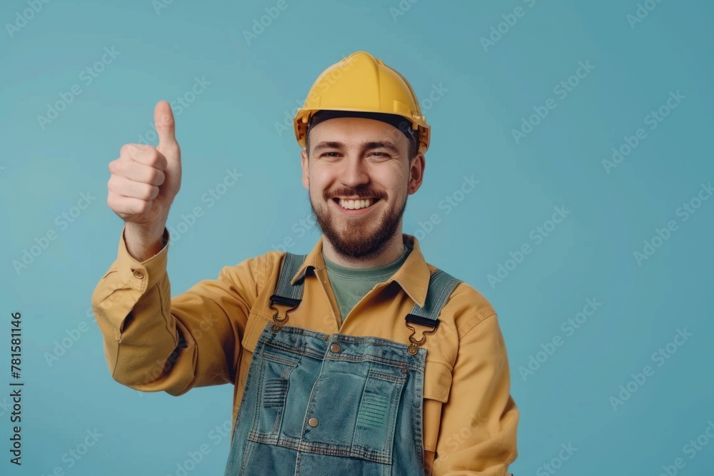 A man wearing a hard hat and overalls gives a thumbs up. A man wearing a hard hat and overalls gives a thumbs up.