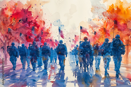 Watercolor painting of soldiers marching with flags, evocative of Memorial Day remembrance. photo