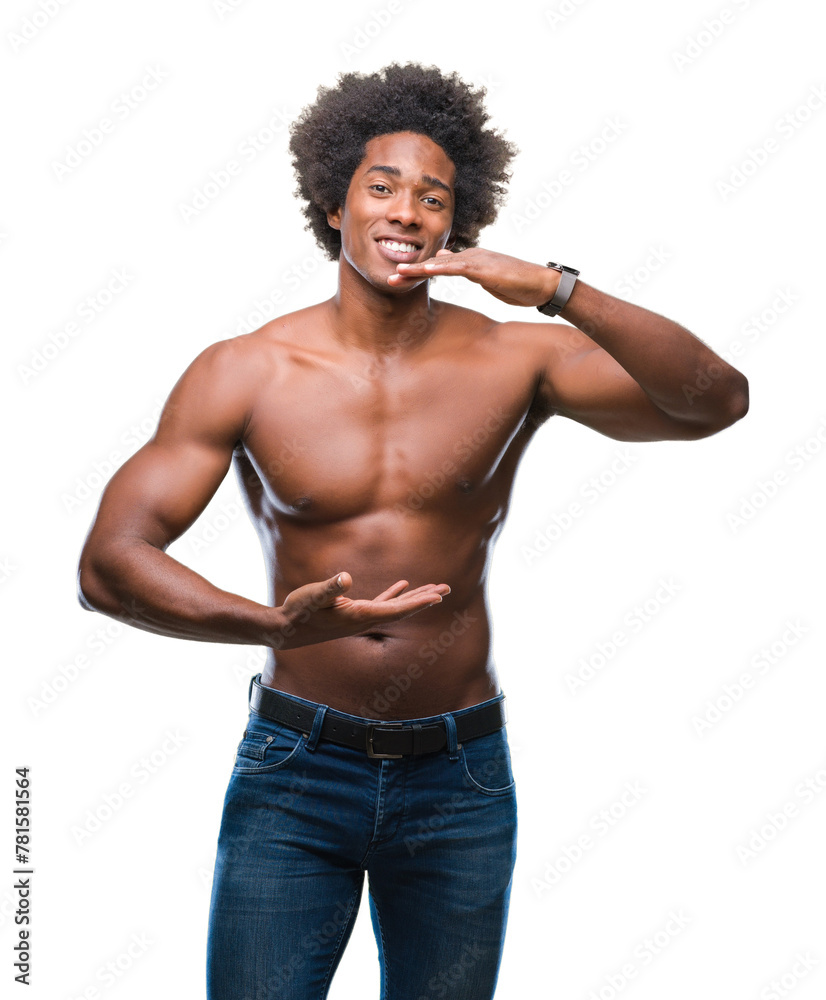 Afro american shirtless man showing nude body over isolated background gesturing with hands showing big and large size sign, measure symbol. Smiling looking at the camera. Measuring concept. Afro american shirtless man showing nude body over isolated background gesturing with hands showing big and large size sign, measure symbol. Smiling looking at the camera. Measuring concept.