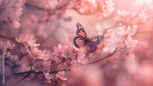A tranquil moment captured as a delicate butterfly flutters among the delicate blossoms of a pink cherry blossom tree, its wings casting a soft shadow on the delicate petals. © CREATER CENTER