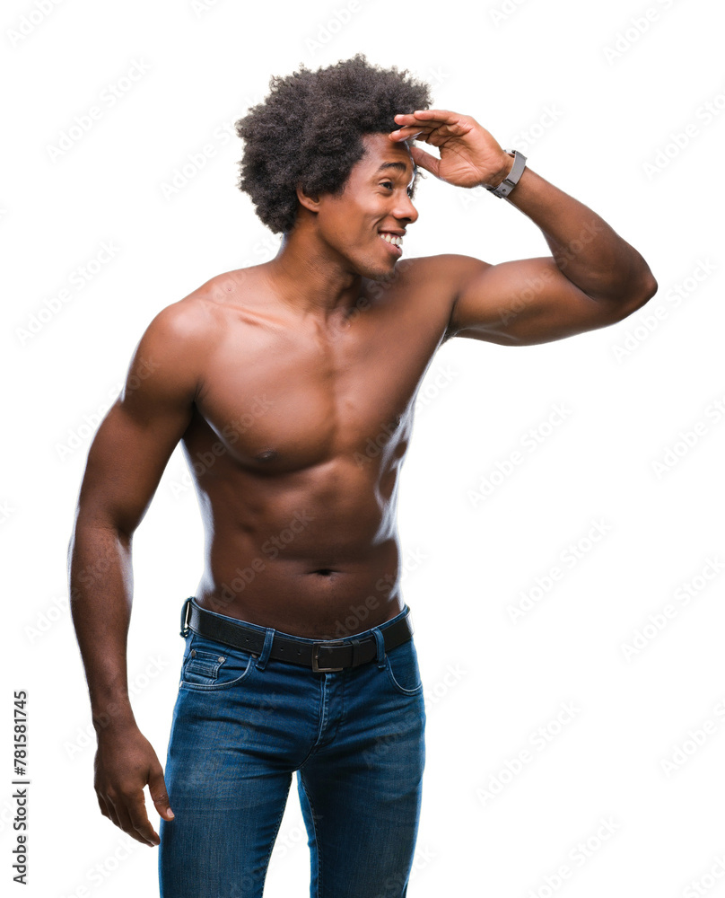 Fototapeta premium Afro american shirtless man showing nude body over isolated background very happy and smiling looking far away with hand over head. Searching concept.