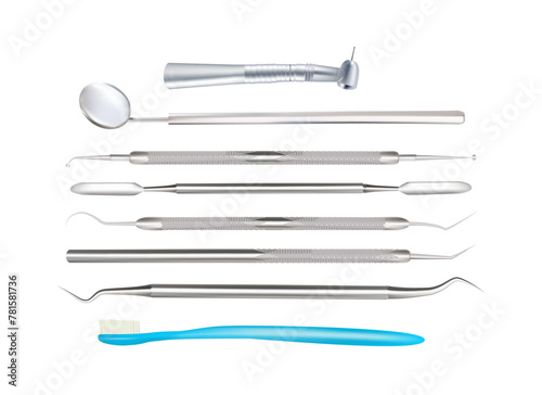 Vector dental tools with tooth brush isolated on white background