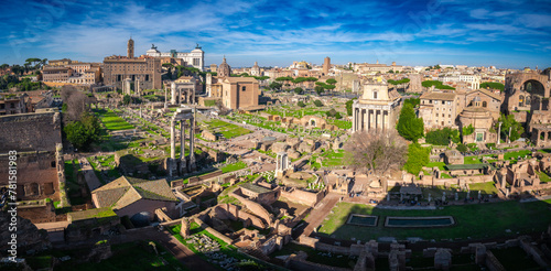 Aerial panoramic view from Palatine Hill. Roman Forum, Cityscape, sunny day ancient Rome, Arch of Severus, temple of Saturn, temple of Vesta, Basilica of Maxentius, Arch of Titus and. Italy.