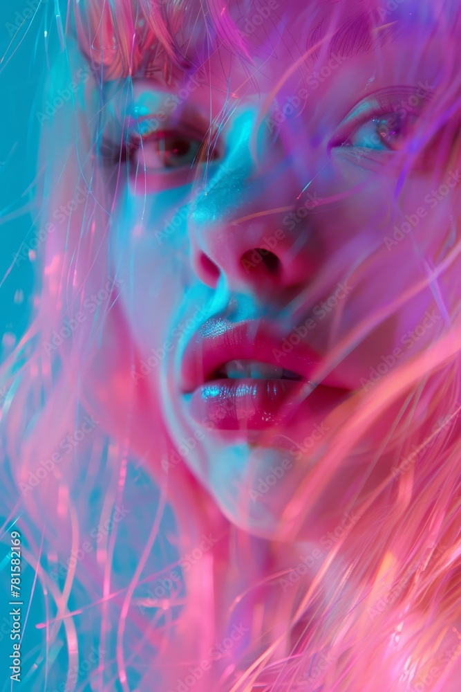 Close-up image of vibrant hair strands illuminated with colorful lighting, giving a lively and dynamic abstract appearance