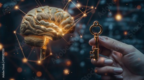 Conceptual image of a human hand holding a key with a shiny brain, symbolizing unlocking potential or knowledge