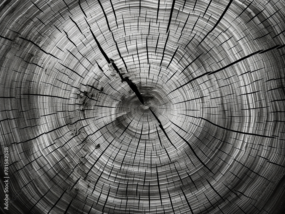 Nostalgic atmosphere: black and white background of an old wood slice