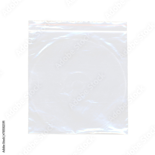 plastic transparent cellophane bag for CD, old, vintage realistic mockup for packaging food and goods, nylon bag with lock or zip crumpled, template