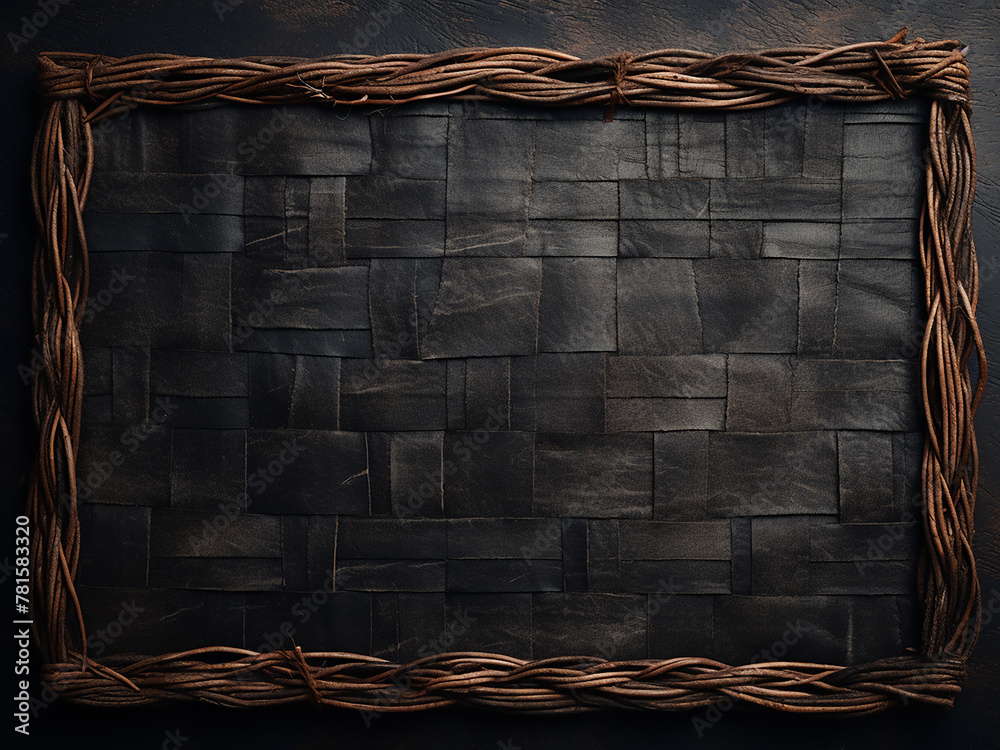 Extra rough plaiting on black raffia mats enriches their grunge texture - obrazy, fototapety, plakaty 