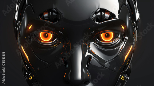 A robotic graphical vector face with glowing LED eyes and metallic features, conveying a sense of mechanical intelligence.