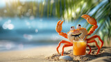 A whimsical orange crab with exaggerated cartoon eyes sits on a sandy beach, raising its claws, with a glass of orange juice next to it, palm leaves and the sparkling ocean in the background. Copy spa