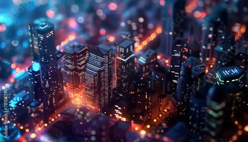 A dazzling miniature effect of a nighttime city with glowing skyscrapers and the hustle of urban life photo