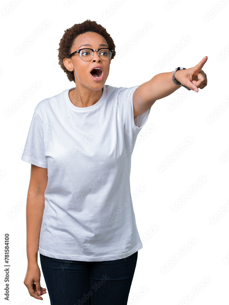 Beautiful young african american woman wearing glasses over isolated background Pointing with finger surprised ahead, open mouth amazed expression, something in front Beautiful young african american woman wearing glasses over isolated background Pointing with finger surprised ahead, open mouth amazed expression, something in front