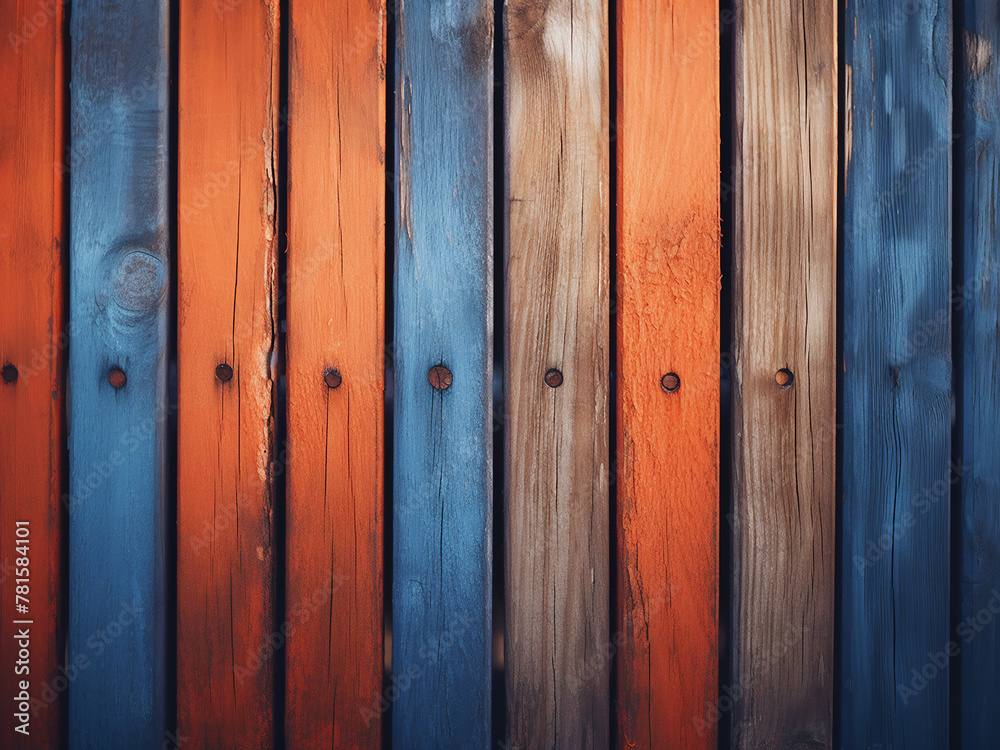 Fototapeta premium Bright wooden fence stands out with vibrant orange and blue hues