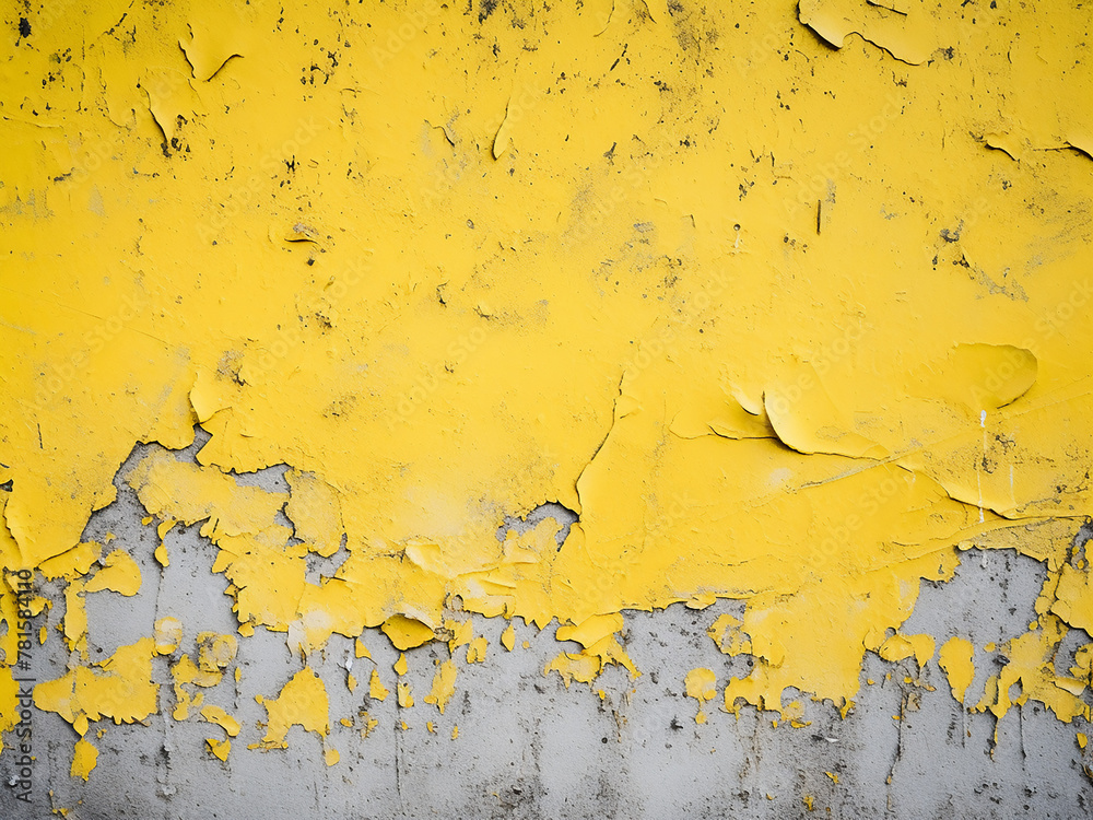 Peeling bright yellow paint on textured gray concrete wall Peeling bright yellow paint on textured gray concrete wall